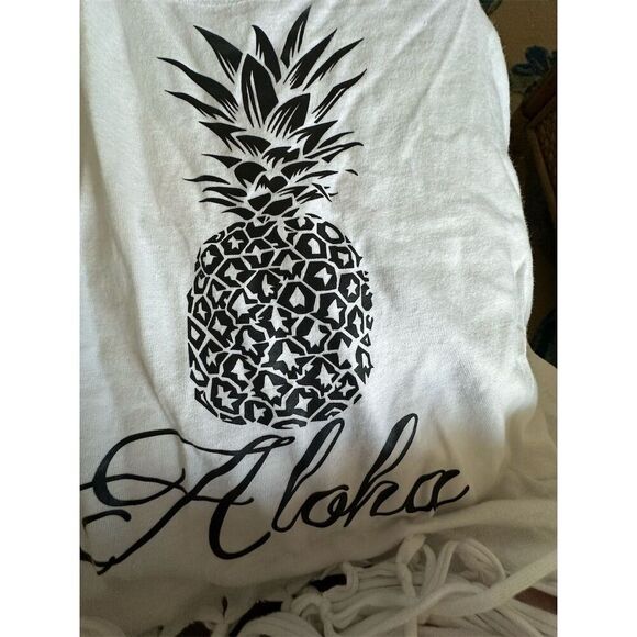 Kavio Women's White Fringe Tank Top Aloha Pineapple Summer Casual S - Picture 4 of 6